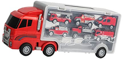 NOENNULL 7 Piece Fire Truck Transporter Vehicle Playset Fire Engine Truck and Fire Engine Toy Indoor Outdoor Sandbox Toy Toy Car Launcher Cars Storage