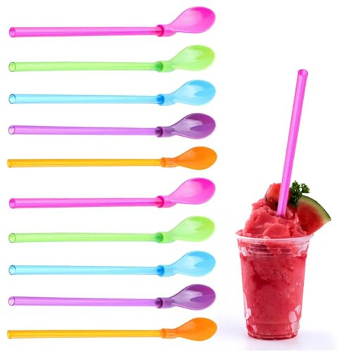 10 Pcs Plastic Straws Reusable, 2 in 1 Colored Straw Spoon,Smoothie Straws Long,Drinking Straws Party,Plastic Spoons, Suitable Stirrer for Slush Smoothie Milkshake Cocktails Coffee and Hot Drinks