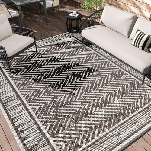 SIXHOME Tapis d'Extérieur Imperméable 120 * 180cm Réversible Pliable, Tapis Extérieur Résistant aux Pluie et UV pour Jardin, Terrasse, Balcon, Salon, Plage, Camping, Brun et Beige