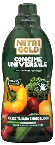 NutriGold® concime Universale | Fertilizzante per Aromatiche e tutti Ortaggi - Formula Bilanciata con Azoto, Fosforo e Potassio - Nutrizione 100% Naturale a Km0 - Formato Liquido 700g + 50g Omaggio