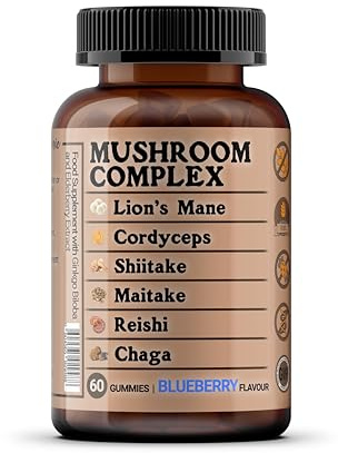 Mushroom Complex Gummies - 6 Mushroom Blend with Lion’s Mane, Reishi, Cordyceps, Shiitake, Maitake & Chaga + Ginkgo & Elderberry - Sugar Free Blueberry Flavour - 60 Gummies