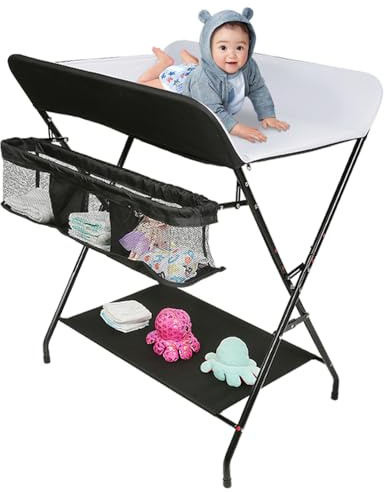 klappbare Wickelkommode,mobiler Wickeltisch mit Wickelauflage,Struktur aus Eisen, faltbar und tragbar, max.Belastung 25 kg,Wickeltisch kompakt faltbar mit Ablagefächer platzsparend (Schwarz und Weiß)