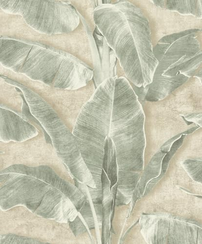 Rasch Selbstklebende Tapete Blätter Cuba - Strukturierte Vliestapete Grün auf Beige und Große Bananenblätter - Einfaches Anbringen ohne Kleister mit tesa-Klebetechnologie - 6,00m x 0,53m