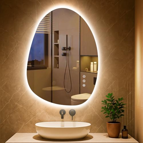PESENXAN Miroir de salle de bain LED asymétrique avec éclairage 75 x 55 cm, anti-buée, 3 couleurs de lumière, réglable, avec éclairage, intensité variable, avec fonction mémoire, économie d'énergie