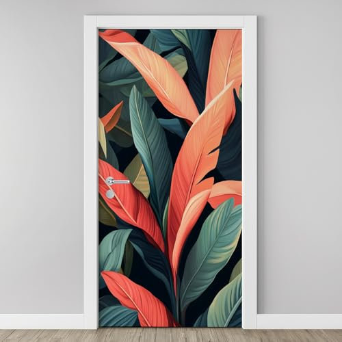 Sticker Mural Porte 3D Feuilles Bananier 83x204cm Plantes Tropicales Autocollants Porte Trompe L'oeil Effect Auto-adhésif Vinyle Vert Orange Stickers Muraux Maison Déco Art Tds152