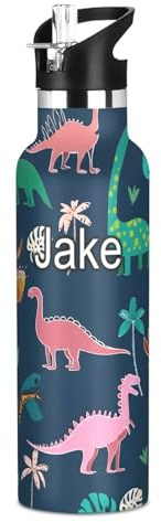 Botella de agua personalizada para niños, botella de agua de acero inoxidable personalizada para viajes o escuela, sin BPA, dinosaurios, plantas tropicales, azul marino