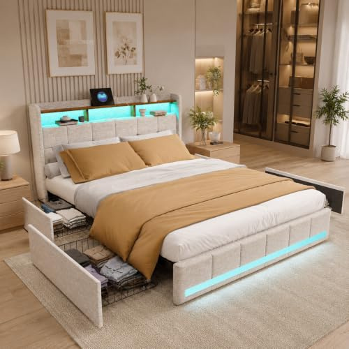 PerGar Polsterbett 180x200 mit Stauraum, USB, LED - Beige, Leinenbezug | Bett 180x200cm mit 4 Schubladen, Kopfteil mit Ladestation. Dual LED, USB Type-C. Leinenbett Beige, Funktionsbett.