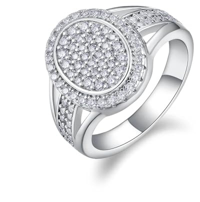 Stfery Pavé Ovaler Siegelring Platin Damen, Verlobungsring mit Moissanit Echt Gold Schmuck Gr.57 (18.1)