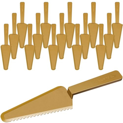 Suclain Gold 16 Pieces Disposable Cake Knife Bulk for Wedding Party 9.1 Inch Plastic Cake Server Cutting Plastic Spatula Knives Pie Pizza Pastry Slicer Serving Utensils for Kitchen