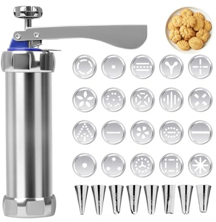 YNNHUDEEP Pressa per pasticceria, pressa per impasto, siringa da pasticceria con 20 stencil e 8 beccucci in acciaio inox, accessori da forno fai da te, pressa per pasticceria, siringa per biscotti