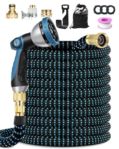 Garden Hose Pipe, 45M/150FT Expandable Garden Hose, 10 Spray Mode Hosepipe for Garden, 4 Layer Latex, 3/4&1/2 Metal Connectors, Hands-Free Spray Gun, Flexible & No-Leak Water Hose for Washing, Blue