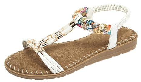 Nuoke sandalias mujer,sandalias planas mujer, planas con cuentas para, de con tiras elásticas en T Cunas Blancas (White, 38)