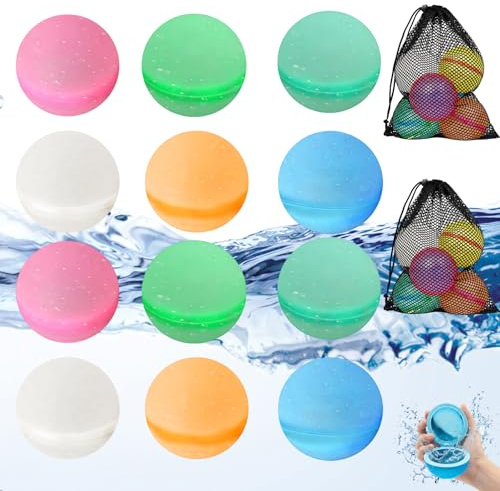 12Pcs Wasserbomben Wiederverwendbar, Reusable Water Balloons with Mesh Bag