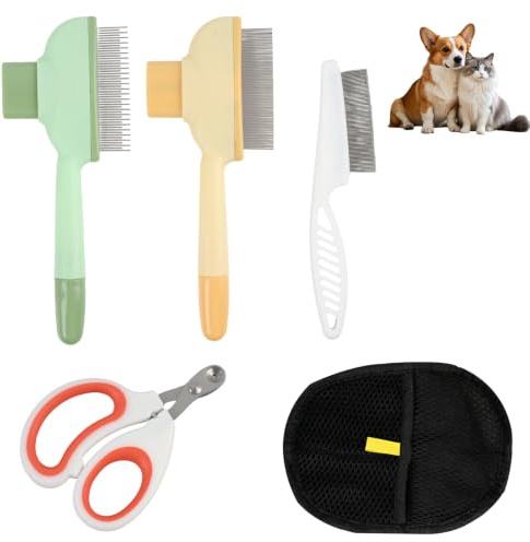 5 Piezas Cepillo para Mascotas, Guante de Limpieza, Herramienta de Cuidado Animal, Incluye Tijeras para Garras Y Peigne Antipulgas con Función de Masaje, para El Cuidado Completo de Perros Y Gatos