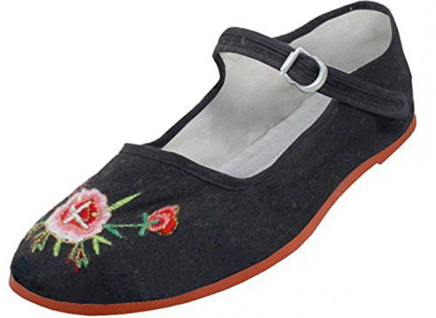 Easy USA Womens Cotton Mary Jane Shoes Ballerina Ballet Flats Shoes (6, Black Embroidered 114), Black Embroidered, 6 B (M) US