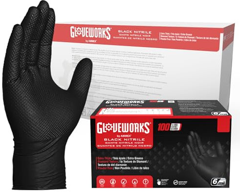GLOVEWORKS HD Black Nitrile Industrial Disposable Gloves, 6 Mil, Latex-Free, Raised Diamond Texture, X-Large, Case of 1000