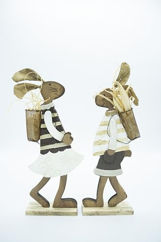 HEITMANN DECO - 2er Set Holzhase und Häsin mit Drahtkörbchen - Frühlingsdekoration - Osterdeko Figuren aus Holz, Natur