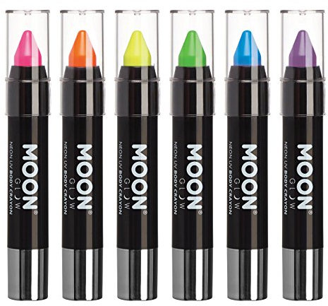 Moon Glow Barra de pintura facial UV de neón/crayón corporal, maquillaje para rostro y cuerpo: brilla intensamente bajo iluminación UV6 Unidades (Paquete de 1)