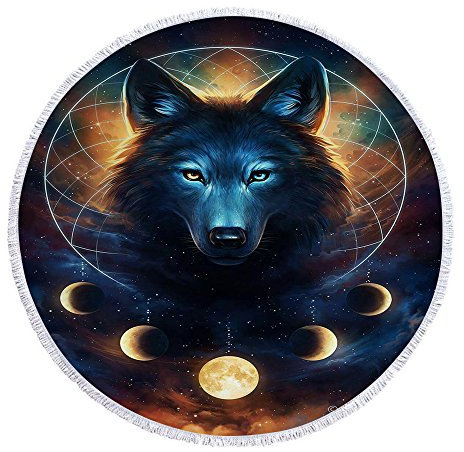 Runde Quaste Strandhandtuch,3D Schildkröte Traumfänger Wolfs Galaxie Mars Rotwild Mikrofaser Strandmatte Strandtücher Badetuch Picknick Matte 150CM (Traumfänger Wolfs)