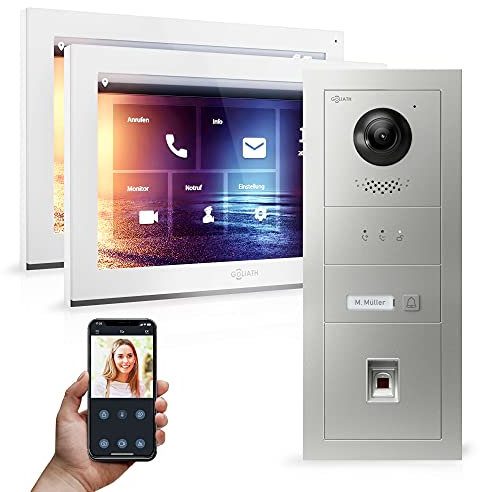 Goliath Hybrid - IP | Full-HD Video Türsprechanlage | App | 1-Fam | 2 x Full-Touchscreen 10 | Aluminium Unterputz Türstation | + Fingerprint | 180° Ultra-Weitwinkel | AV-IPS-545