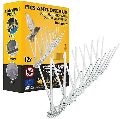 Pic Anti-Pigeons pour Balcon, Jardin & Clôture, 33cm x 12 PCS = 3,96m Transparent, Dissuasion pour Pigeons en Plastique, Dissuasion à 3 Rangs Contre Les Pigeons, Chats, Moineaux