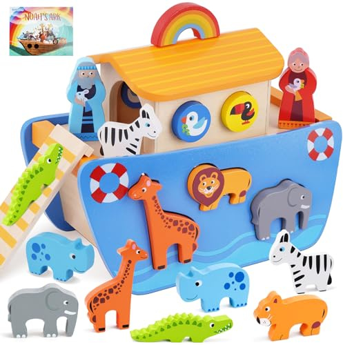 Toddlers Montessori Wooden Noah's Ark Toy for 1-3 Boys Girls Baptism Gifts | Shape Sorter Montessori Learning Toys with Bible Story Book, Christian Easter Gifts for Baby 12-18 Months Christmas Birthday