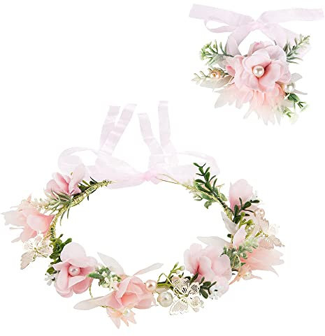 ZOOMPIL Blumenkranz Blume Krone Stirnband, 2Pcs Perlen-Brauthaarschmuck mit Blumenarmband, Blumen Stirnbänder Kopfschmuck Haarbänder Floral Girlande,Damen Mädchen für Hochzeit Strand Party