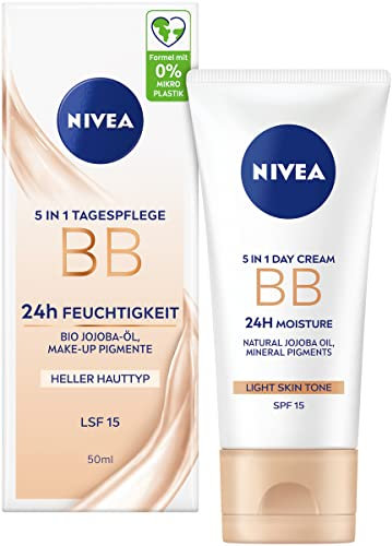 NIVEA 5 IN 1 Tagespflege BB 24h Feuchtigkeit LSF 15, getönte Tagescreme für helle Hauttypen, Gesichtscreme mit Bio Jojoba-Öl und Make-Up Pigmenten