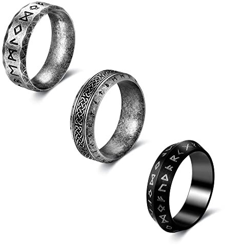 Dochais 3 Stück Wikinger Ringe Edelstahl, Nordische Mythologie, Keltischer Knoten, Viking Runen, Vintage Bandring für Männer Frauen Größe 13