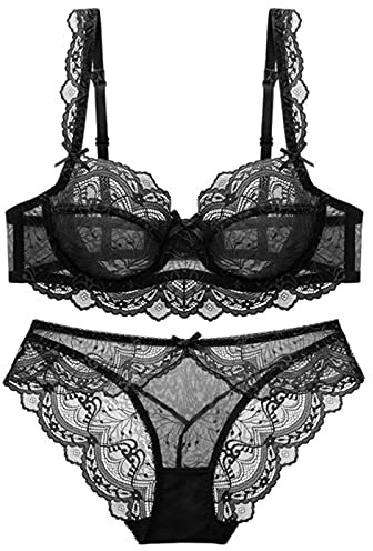 WEITING Ensemble de sous-vêtements sexy en dentelle ultra fine soutien-gorge et culotte grande taille ensemble lingerie femmes soutien-gorge A B C D E bonnet 95C 95D-noir, 90C