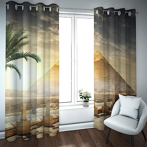 LEFEDA Klassische Landschaft Kinder Tülle Verdunkelungsfenster Vorhänge Pflanzen Wüste Pyramide Palme Moderne Fenstervorhänge für Erwachsene 2 Paneele 132x137cm