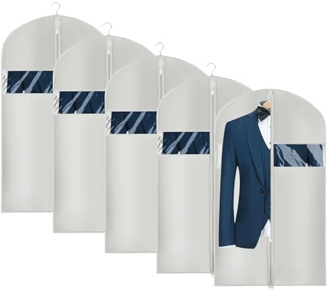 Univivi Anzugtaschen für Herren, 60 x110cm Kleidersacke Anzug, Grau,5 Stück | Tragetasche Kleidersäcke für Reisen, Waschbar, Leicht, Mottensichere Kleiderhüllen, Schutztaschen für Kleiderschrank