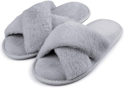 riemot Tofflor Dam,Fluffiga Damtofflor med Öppen Tå,Mjuka Innetofflor med Korsband,Memory Foam och TPR-sula för Hem och Sovrum