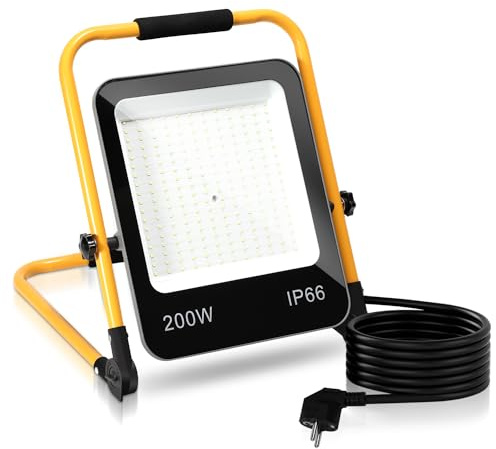 Sonnewelt LED Baustrahler 1 x 200W 16000LM Tragbar Arbeitsscheinwerfer IP66 Wasserdicht Arbeitsleuchte Strahler 6000K Kaltweiß mit 3M Kabel, Faltbarer Ständer für Baustelle, Werkstatt, Garage