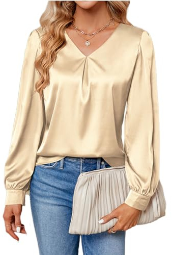 Yutila Camicia da donna in raso, elegante, a maniche lunghe, in raso, con scollo a V,, beige., M