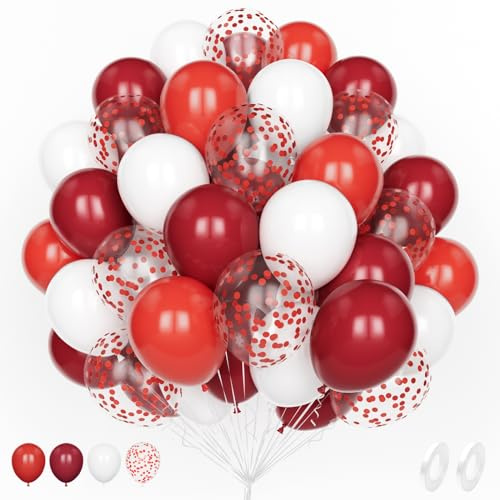 Unisun Röda ballonger och vinröd konfetti, 60 st röda och vita, 30 cm, pack med 2 st band för födelsedagar, bröllop, årsdagar, barn, baby shower och party dekoration