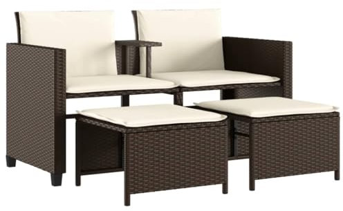 vidaXL Gartensofa, Sofa 2-Sitzer mit Tisch Hockern, Gartensessel Gartensofa UV-beständig, Gartenmöbel Sitzgruppe, Braun Poly Rattan