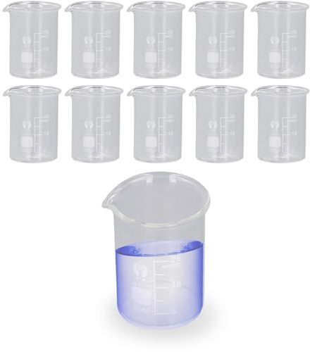 10PCS Glass Beakers Set, 25mL Thick Walled Experiment Beaker Cups with Scale, Transparent Lab Measuring Cup for Laboratories, Industries, Schools and Home Use