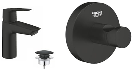 GROHE Start - Einhand-Waschtischbatterie & Start - Bademantelhaken (verdeckte Befestigung, geeignet zum Bohren oder Kleben), matt schwarz, 411732430