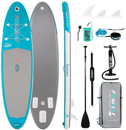 FunWater 10' &11' Stand Up Paddle Board Sup Board, Aufblasbares Stand Up Paddle Board für Erwachsene, Alle Fähigkeiten mit Aller Zubehör, Paddel, Pump, Sitz (10'6 HELLBLAU&Silber)
