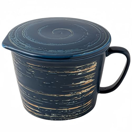 Dowbom Ceramic Ramen Bowl With Handle and lid, Large Noodle Cup With Lid, Deep Soup Bowl Microwave Safe. (Blue,30oz)