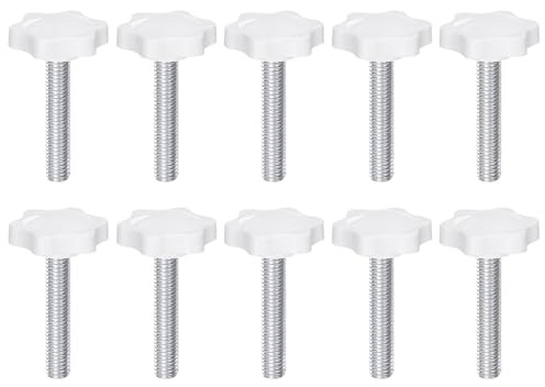 QUARKZMAN 10Pcs Vis de Serrage Étoile M8 x 40mm Filetage Mâle 32mm Bouton de Tête à 6 Branches en Plastique Goujon de Serrage à Main Vis de Remplacement Poignée Filetée, Blanc