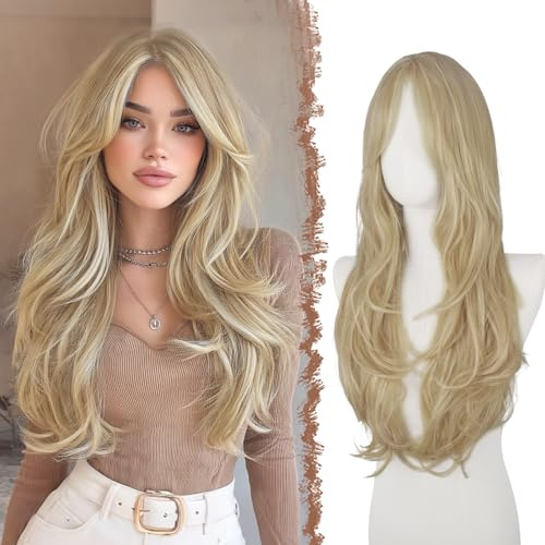 FESHFEN Lange Perücken mit Pony, Balayage Blond Geschichtete Perücke für Damen Frauen Natürliche Synthetik Haare Layered Perucken für Tägliche Party, 65 cm Dreckige Blonde