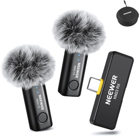 NEEWER Kit de Microphone Cravate sans Fil pour USB C, Micros à Condensateur Omnidirectionnels Compatibles avec iPhone 15, Téléphone Android Samsung, Mini Micro Cravate Antibruit pour Vlogging, KM23