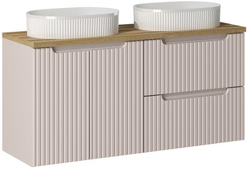 Lomadox Badezimmer Doppelwaschtisch 120cm mit 2 Aufsatz-Waschbecken, Kaschmir und Eiche, gerillte Front