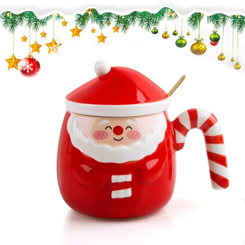 Dellyy Taza de Café Navideña de Cerámica - Linda Taza con Tapa y Cucharita (Rojo)