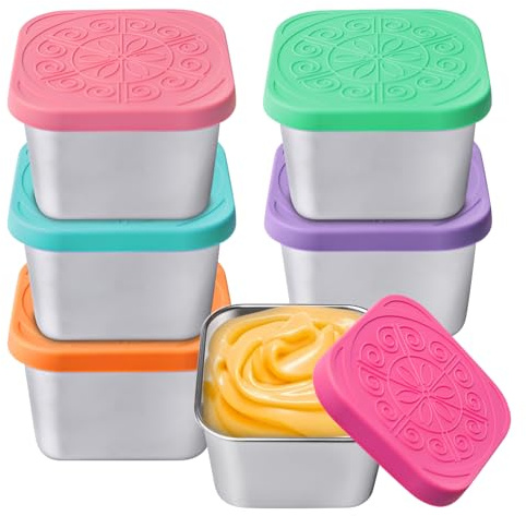 SUNOYA 6 Stück 180ml Edelstahl Snack-Behälter, Lebensmittelbehälter, Gewürzbehälter, Snackbox-Behälter, Metall Soße Lebensmittel Lagerung Snack Box mit Silikon Deckel Auslaufsichere
