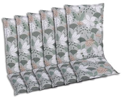 GO-DE Textil Bequeme und attraktive Polsterauflagen für Hochlehner-Gartenstühle (6er-Set, Design: Ginkgoblatt Grün)