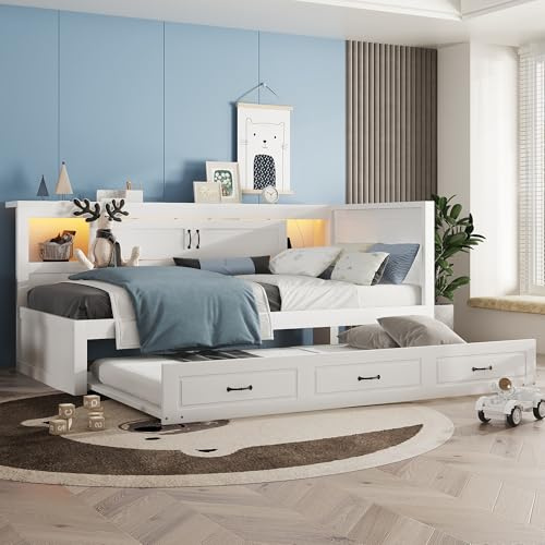 Soweiz Cama infantil, sofá cama, cama de día, iluminación ambiental a distancia, compartimento de almacenamiento lateral de la cama, cama extraíble, enchufe + USB, sin colchón (blanco, 90 x 200 cm)