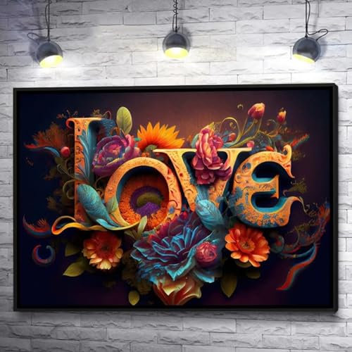 Modernes Liebeswort-Kunst-Leinwand-Poster für Schlafzimmer, Wohnzimmer, Heimdekoration, romantische Blume mit Liebe, Gemälde, Wandkunst, 40 x 60 cm, mit Rahmen